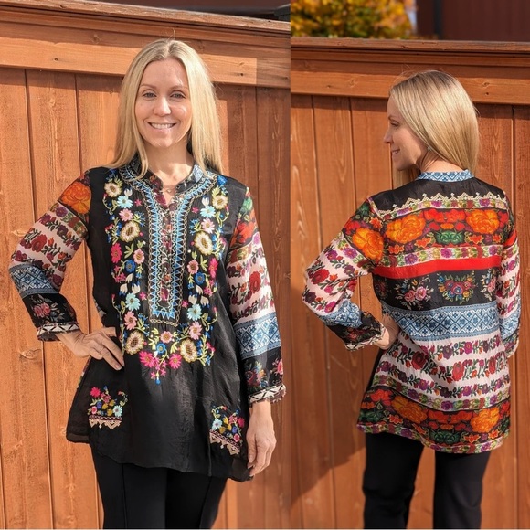 All About Her Women’s Pari Embroidered 3/4 Sleeve Tunic Top Boho Multicolored S - Picture 1 of 12